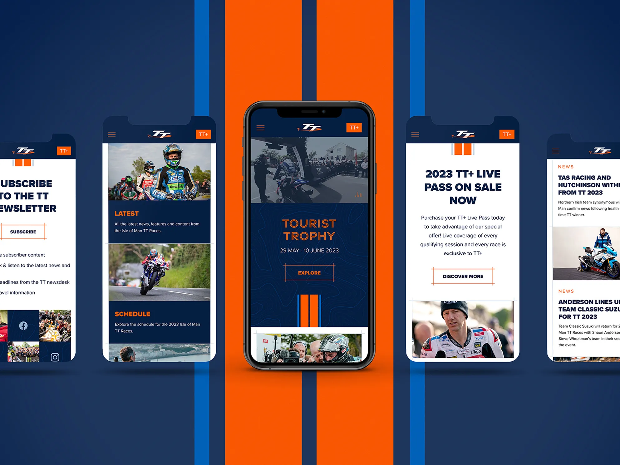 Two smartphones displaying the Isle of Man TT Tourist Trophy app screens including the 2023 TT Live Pass on Sale Now page against a dark navy background with orange stripe branding